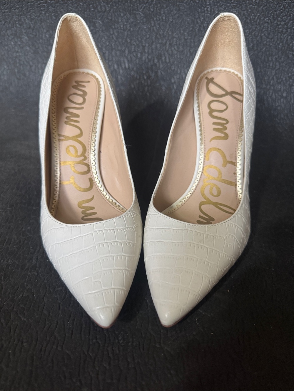 Sam Edelman Cream Croc-Embossed Pointed Toe Pumps